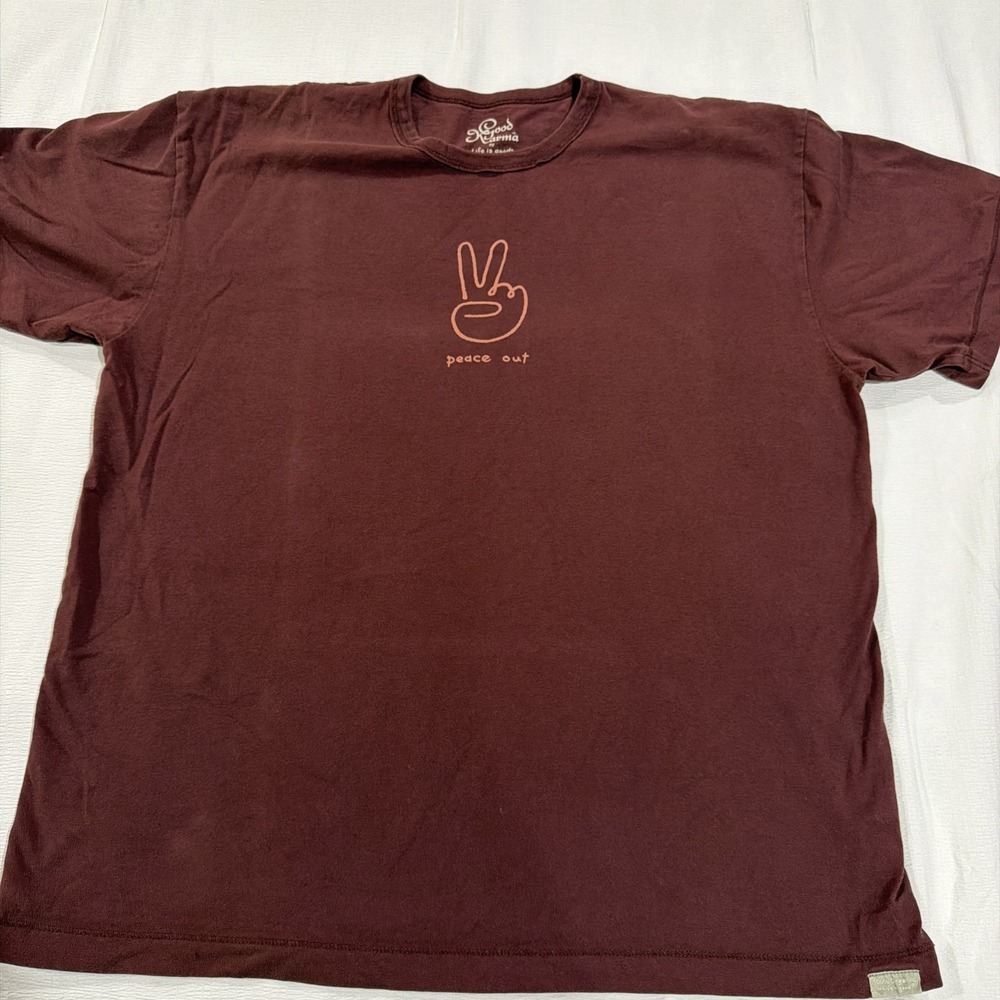 Good Karma Life Is Good T-Shirt Size Large Peace Out Graphic 100% Organic Cotton